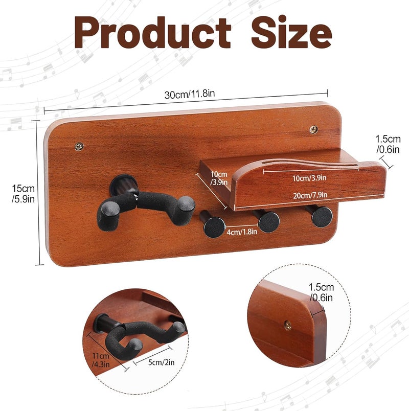 Outink Guitar Wall Mount Shelf with Pick Holder, Walnut Wood Guitar Hanger Rack with Rotatable Yoke and 3 Storage Hooks for Acoustic, Electric, Bass, Ukulele - Image 2